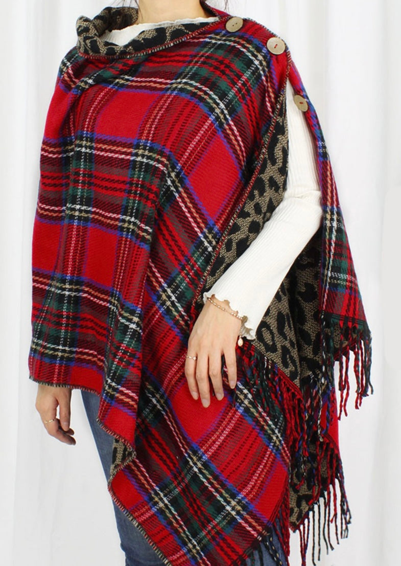 Plaid and Leopard Reversible Poncho - Red