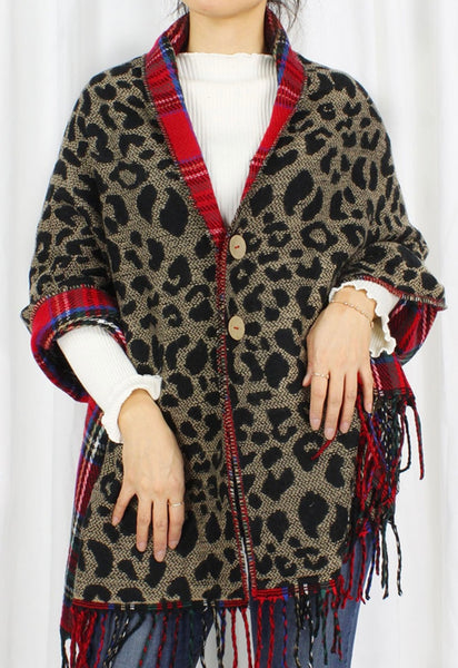 Plaid and Leopard Reversible Poncho - Red