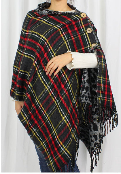 Plaid and Leopard Reversible Poncho - Black