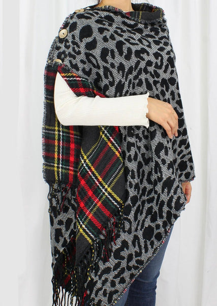 Plaid and Leopard Reversible Poncho - Black