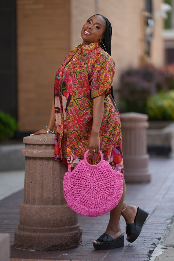 Round Straw Handle Bag - Pink