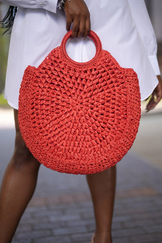 Round Straw Handle Bag - Red
