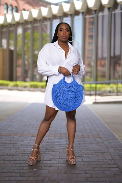 Round Straw Handle Bag - Blue
