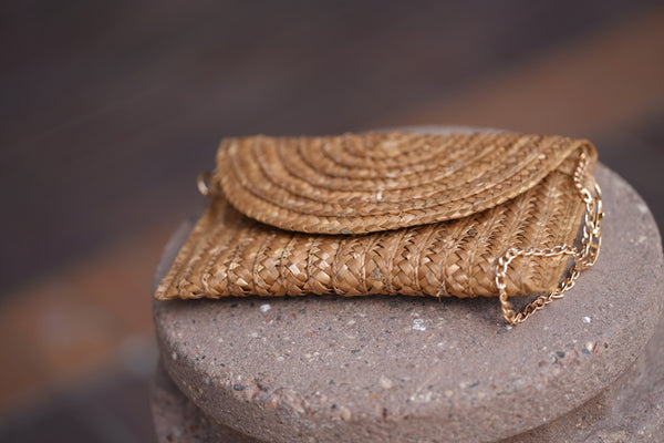 Straw Clutch with Chain - Khaki