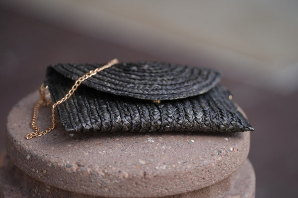 Straw Clutch with Chain - Black