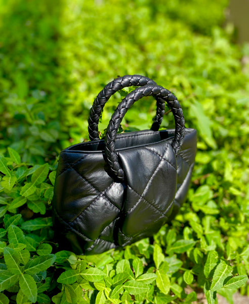 Quilted Square Top Handle Bag - Black