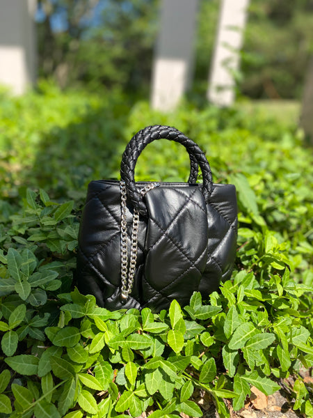 Quilted Square Top Handle Bag - Black