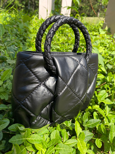 Quilted Square Top Handle Bag - Black