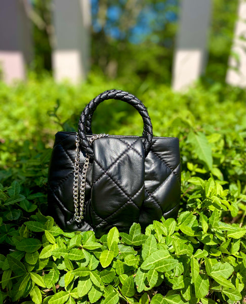 Quilted Square Top Handle Bag - Black