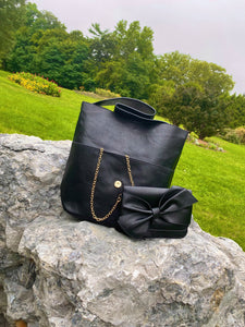 Bow Handbag and Clutch Set - Black