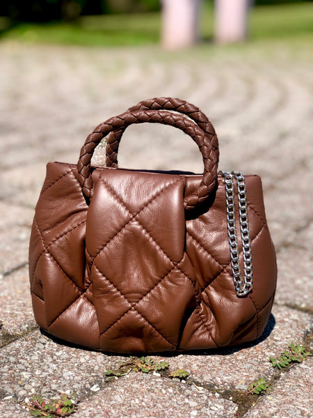 Quilted Square Top Handle Bag - Brown